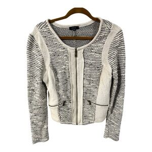 DREW Gray and Cream Tweed Knit Zipper Front Cardigan
